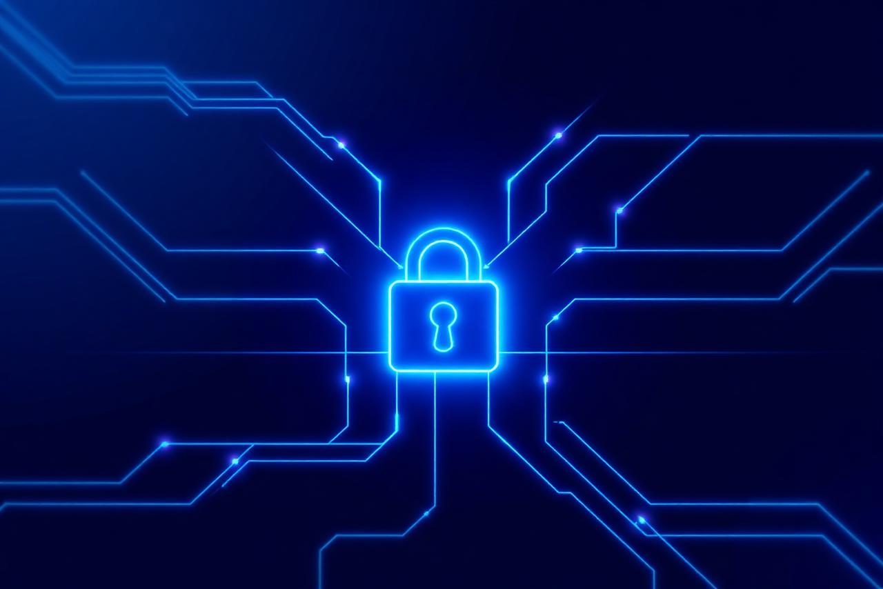 Abstract padlock formed from glowing circuit lines representing application security
